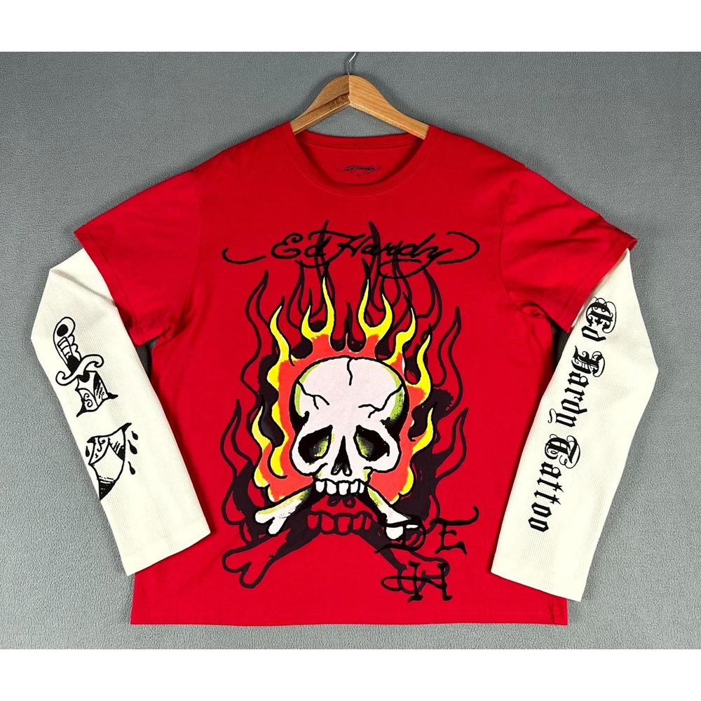Ed Hardy Shirt Mens‎ Large Red Skull Crossbone Flame Sleeve Hit Thermal Y2K